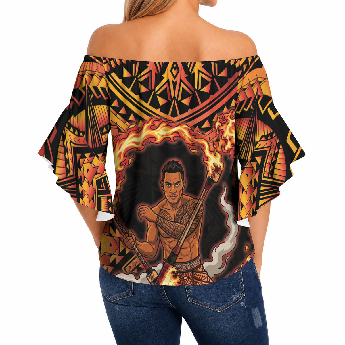 Samoa Siva Afi Dance Fireknife Off Shoulder Wrap Waist Top Samoan Tribal Motif Dancing in the Fire LT9 - Polynesian Pride