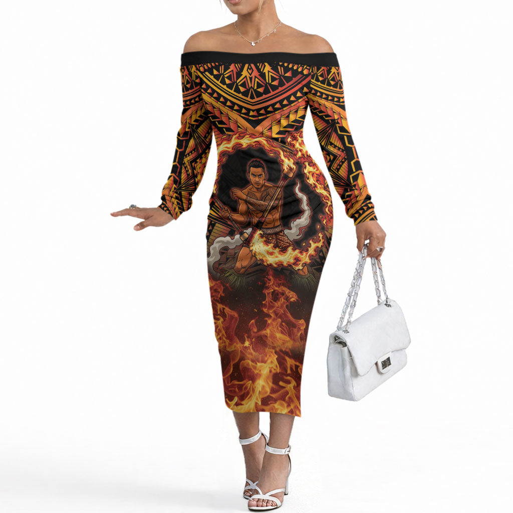 Samoa Siva Afi Dance Fireknife Off The Shoulder Long Sleeve Dress Samoan Tribal Motif Dancing in the Fire LT9 Women Red - Polynesian Pride