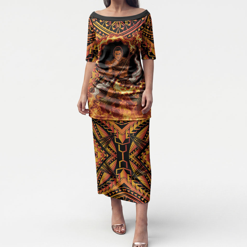 Samoa Siva Afi Dance Fireknife Puletasi Samoan Tribal Motif Dancing in the Fire LT9 Long Dress Red - Polynesian Pride