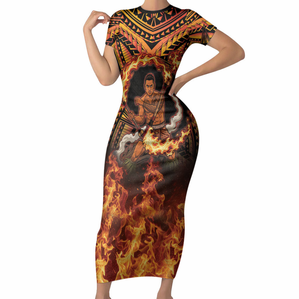 Samoa Siva Afi Dance Fireknife Short Sleeve Bodycon Dress Samoan Tribal Motif Dancing in the Fire LT9 Long Dress Red - Polynesian Pride
