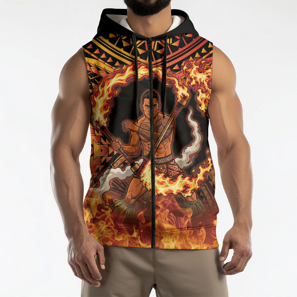 Samoa Siva Afi Dance Fireknife Sleeveless Zip Hoodie Samoan Tribal Motif Dancing in the Fire LT9 - Polynesian Pride