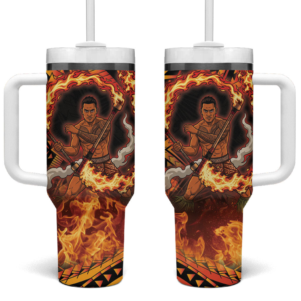 Samoa Siva Afi Dance Fireknife Tumbler With Handle Samoan Tribal Motif Dancing in the Fire LT9 One Size: 40 oz Red - Polynesian Pride