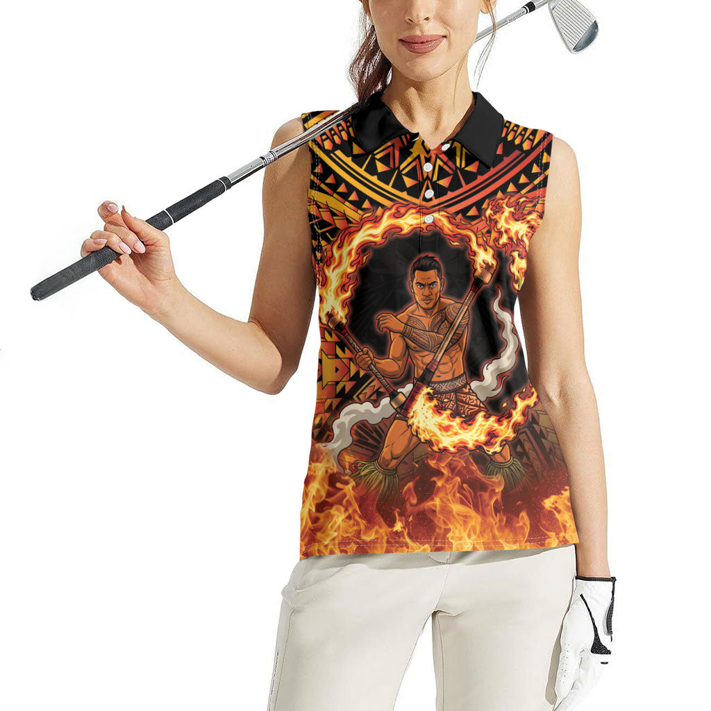 Samoa Siva Afi Dance Fireknife Women Sleeveless Polo Shirt Samoan Tribal Motif Dancing in the Fire LT9 - Polynesian Pride