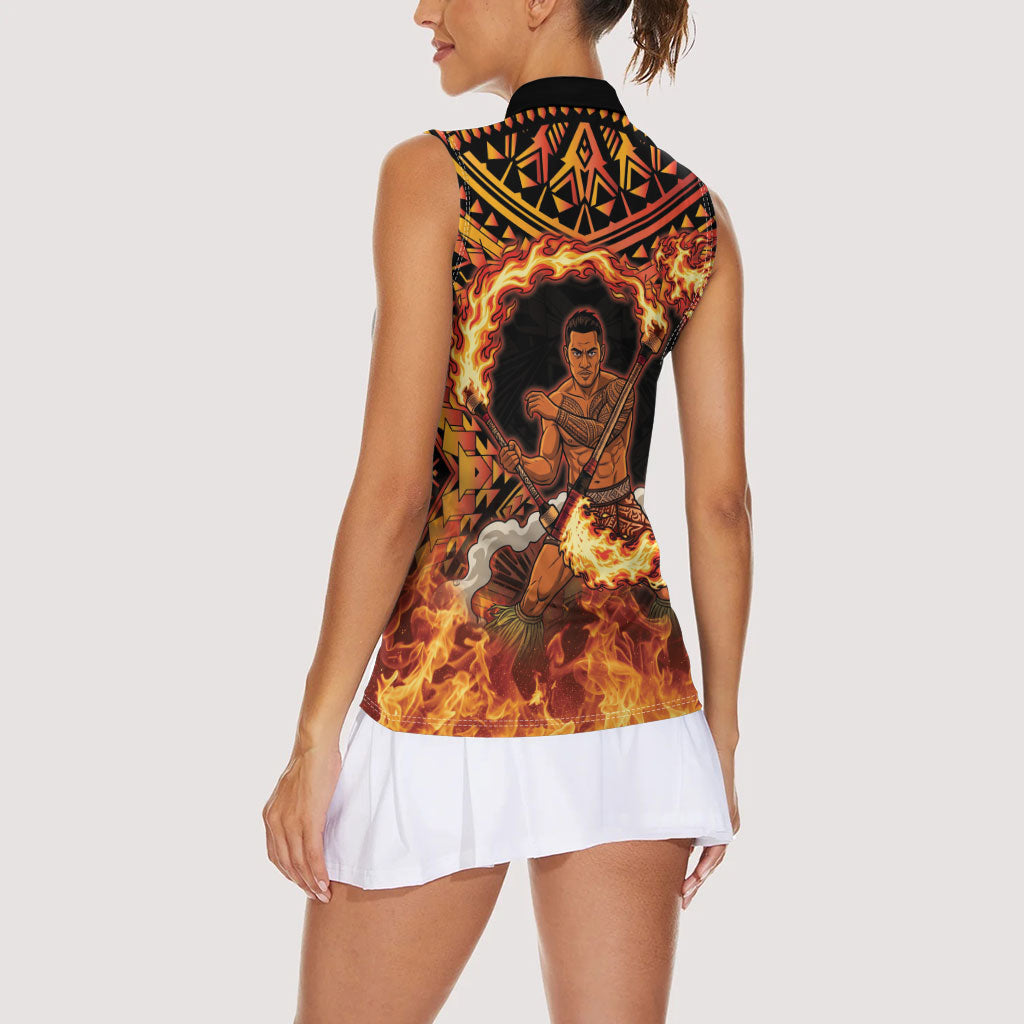 Samoa Siva Afi Dance Fireknife Women Sleeveless Polo Shirt Samoan Tribal Motif Dancing in the Fire LT9 - Polynesian Pride