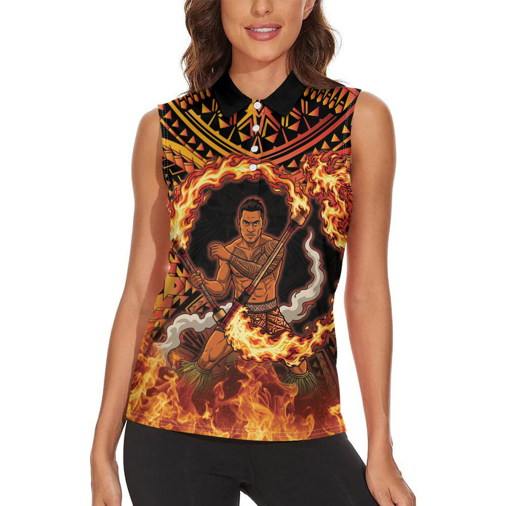 Samoa Siva Afi Dance Fireknife Women Sleeveless Polo Shirt Samoan Tribal Motif Dancing in the Fire LT9 - Polynesian Pride