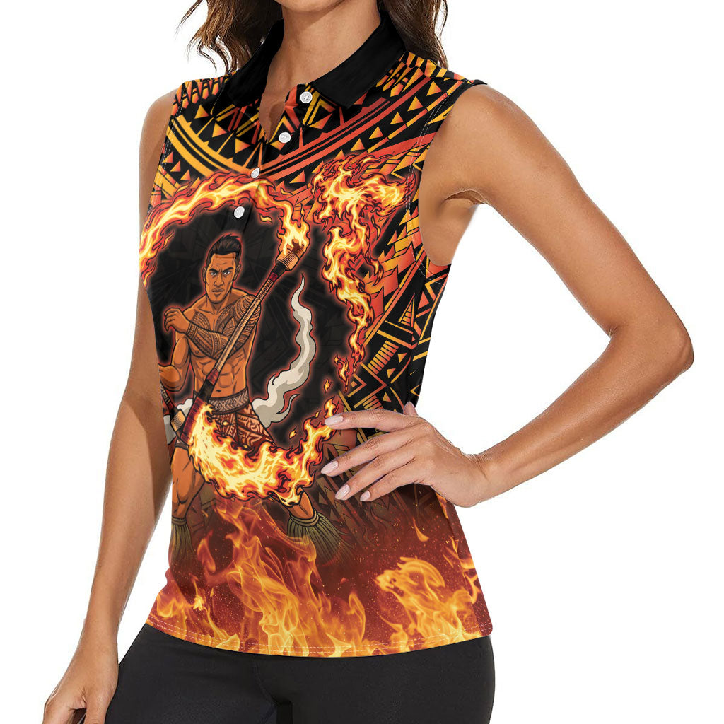 Samoa Siva Afi Dance Fireknife Women Sleeveless Polo Shirt Samoan Tribal Motif Dancing in the Fire LT9 - Polynesian Pride