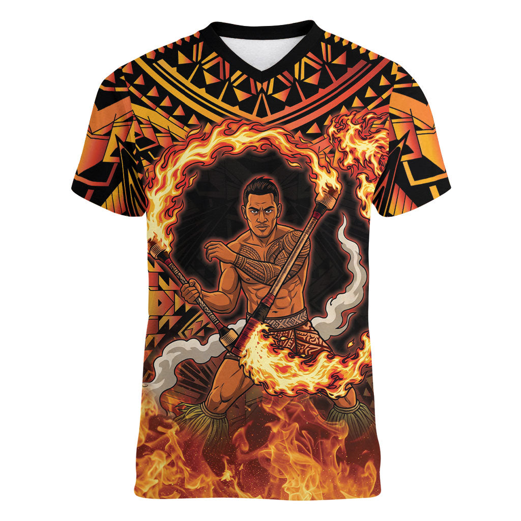 Samoa Siva Afi Dance Fireknife Women V-Neck T-Shirt Samoan Tribal Motif Dancing in the Fire LT9 Female Red - Polynesian Pride