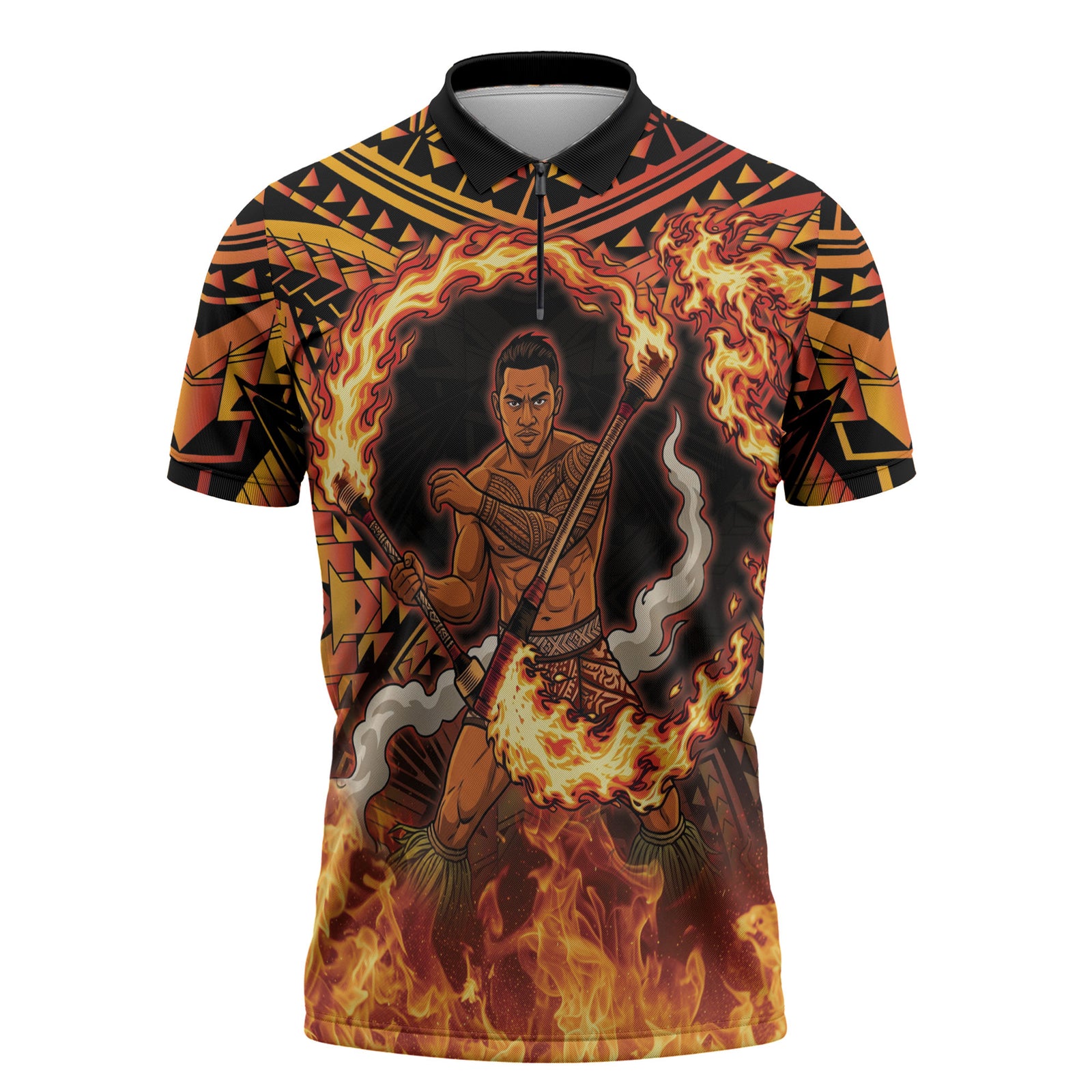 Samoa Siva Afi Dance Fireknife Zipper Polo Shirt Samoan Tribal Motif Dancing in the Fire LT9 Red - Polynesian Pride