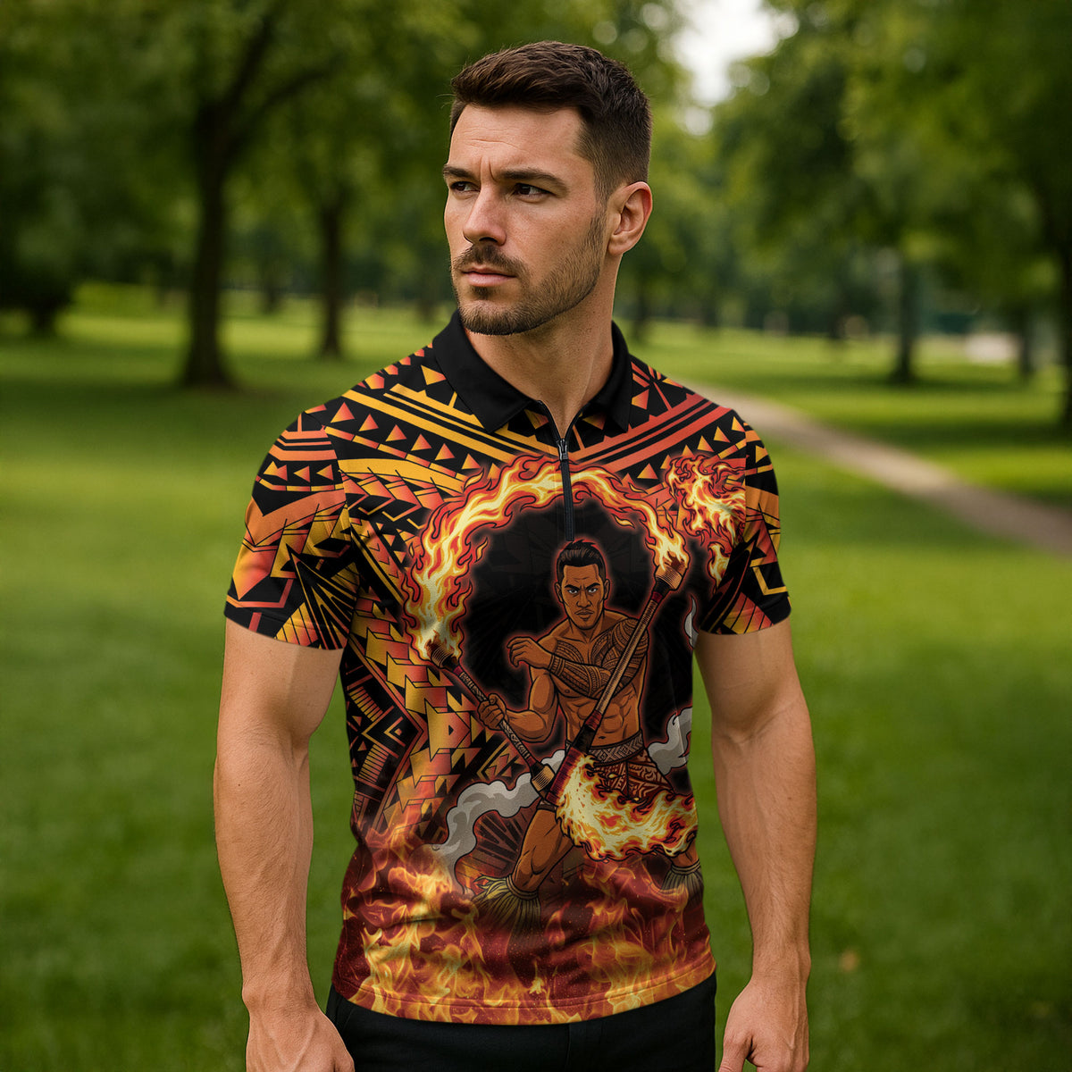 Samoa Siva Afi Dance Fireknife Zipper Polo Shirt Samoan Tribal Motif Dancing in the Fire LT9 - Polynesian Pride