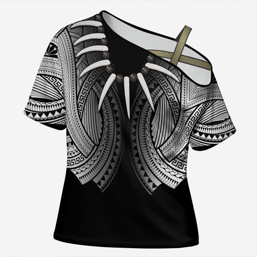 Samoan Ula Nifo Afi Tribal Cross Shoulder Shirt Polynesian Pattern LT9 Female Black - Polynesian Pride