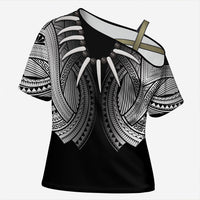 Samoan Ula Nifo Afi Tribal Cross Shoulder Shirt Polynesian Pattern LT9 Female Black - Polynesian Pride