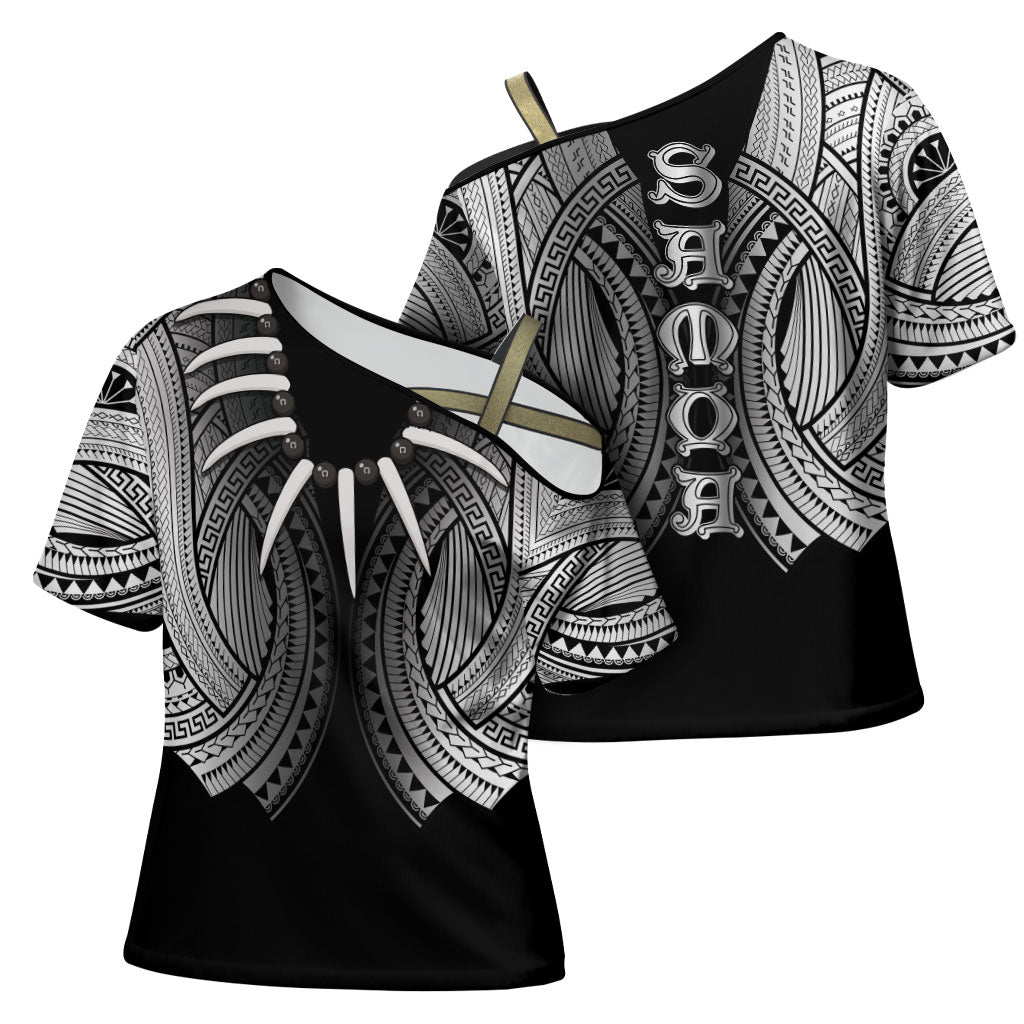Samoan Ula Nifo Afi Tribal Cross Shoulder Shirt Polynesian Pattern LT9 - Polynesian Pride