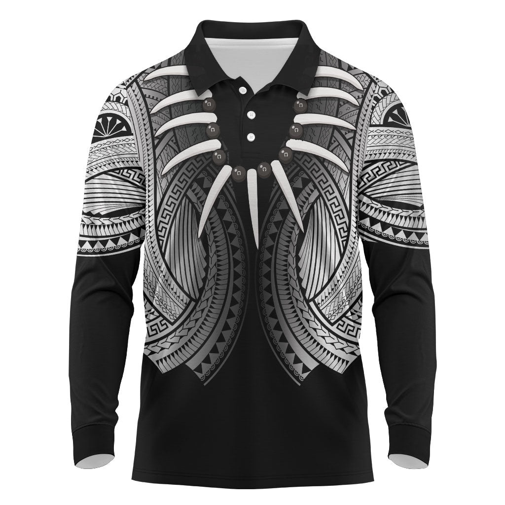 Samoan Ula Nifo Afi Tribal Long Sleeve Polo Shirt Polynesian Pattern LT9 Black - Polynesian Pride
