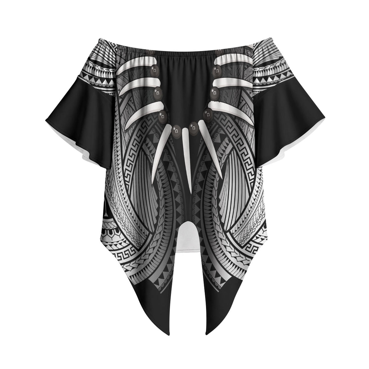 Samoan Ula Nifo Afi Tribal Off Shoulder Wrap Waist Top Polynesian Pattern LT9 Black - Polynesian Pride