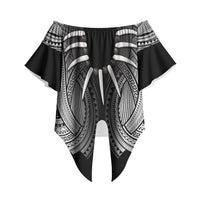 Samoan Ula Nifo Afi Tribal Off Shoulder Wrap Waist Top Polynesian Pattern LT9 Black - Polynesian Pride