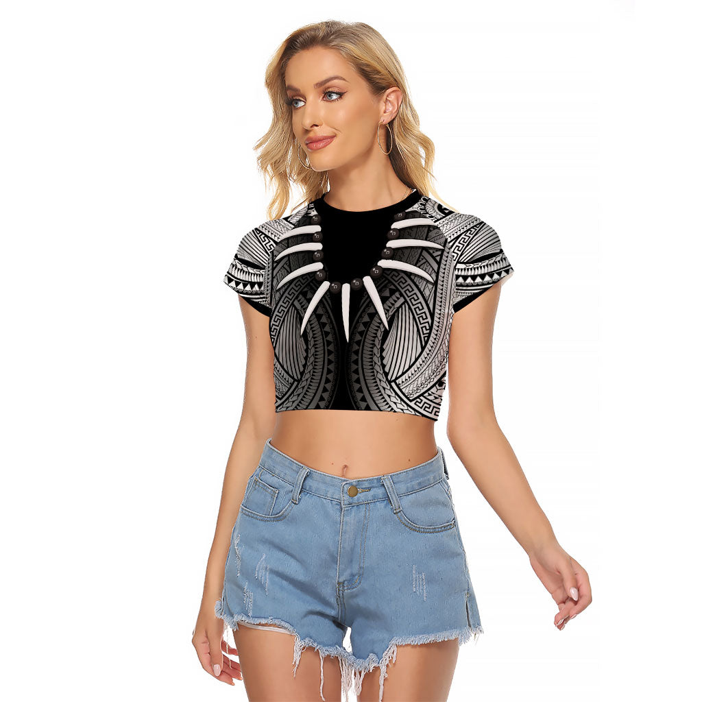 Samoan Ula Nifo Afi Tribal Raglan Cropped T Shirt Polynesian Pattern LT9 Female Black - Polynesian Pride