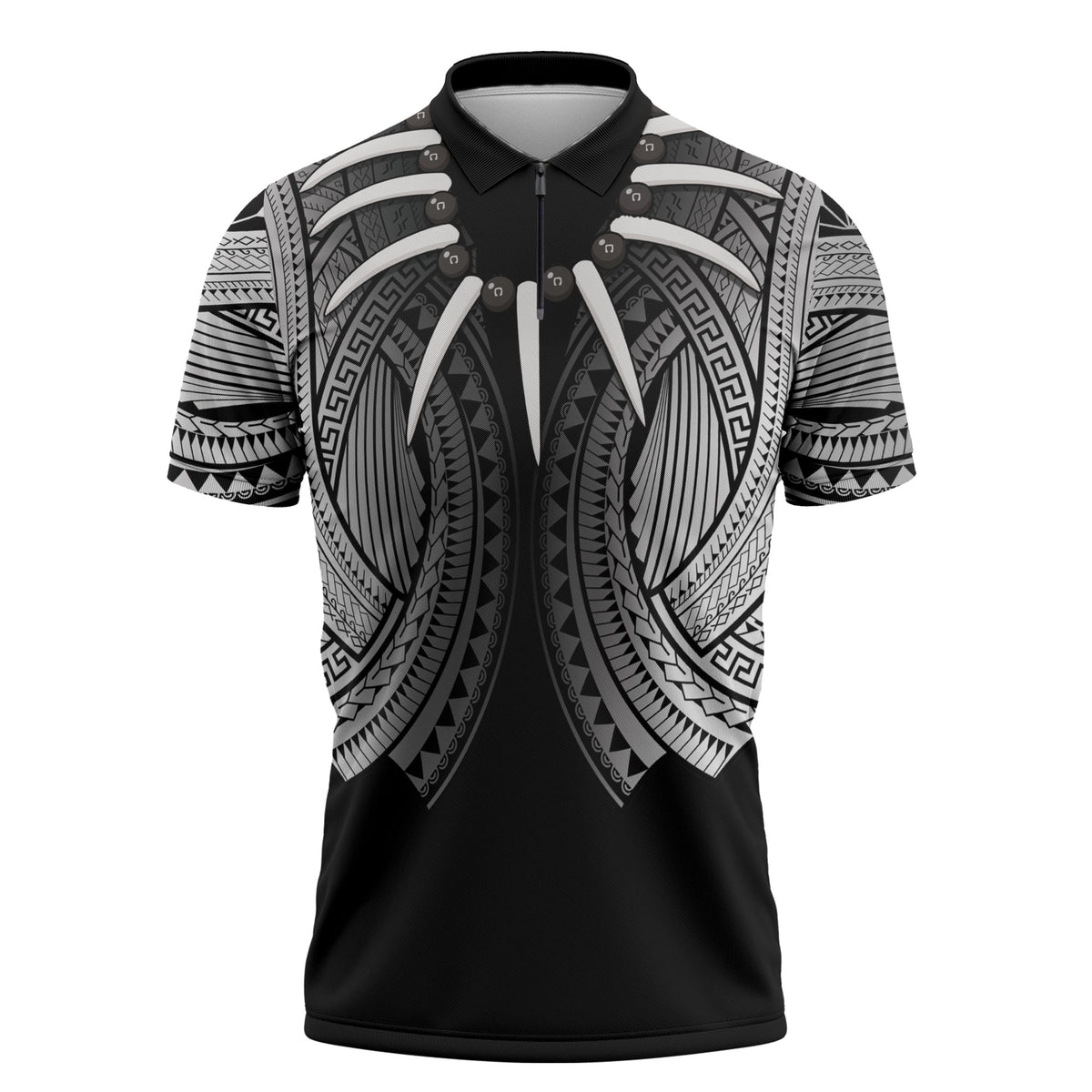 Samoan Ula Nifo Afi Tribal Zipper Polo Shirt Polynesian Pattern LT9 Black - Polynesian Pride