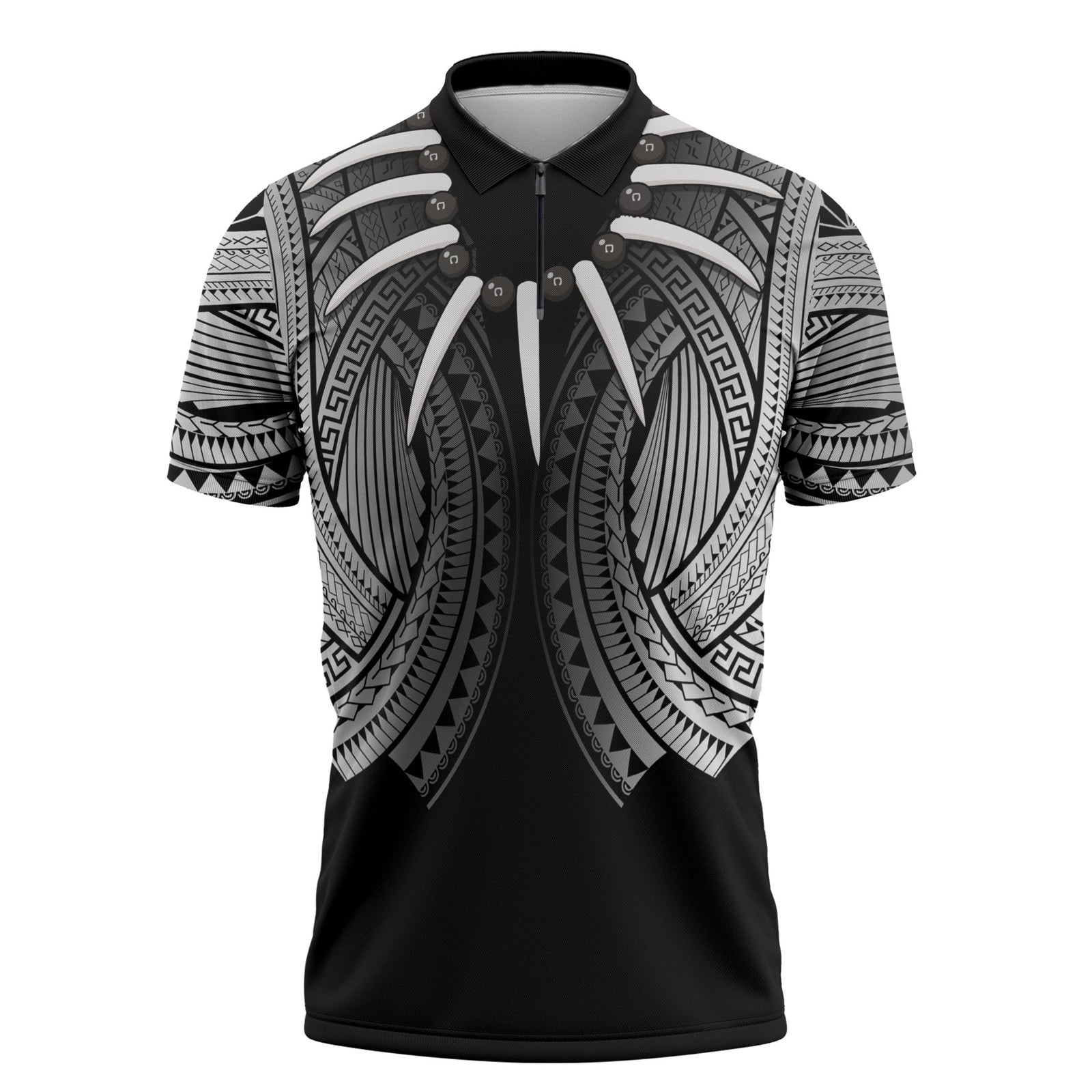 Samoan Ula Nifo Afi Tribal Zipper Polo Shirt Polynesian Pattern LT9 Black - Polynesian Pride
