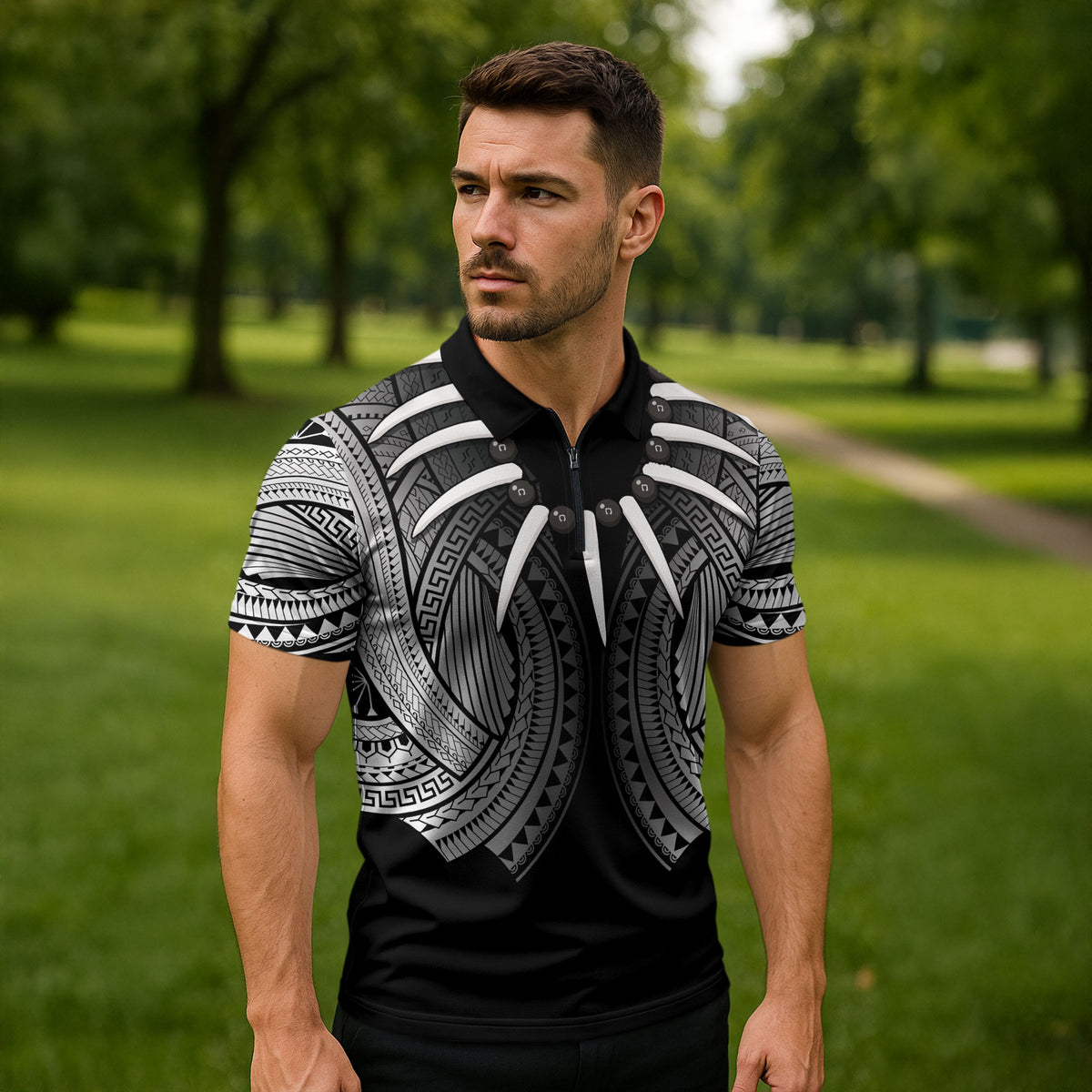 Samoan Ula Nifo Afi Tribal Zipper Polo Shirt Polynesian Pattern LT9 - Polynesian Pride