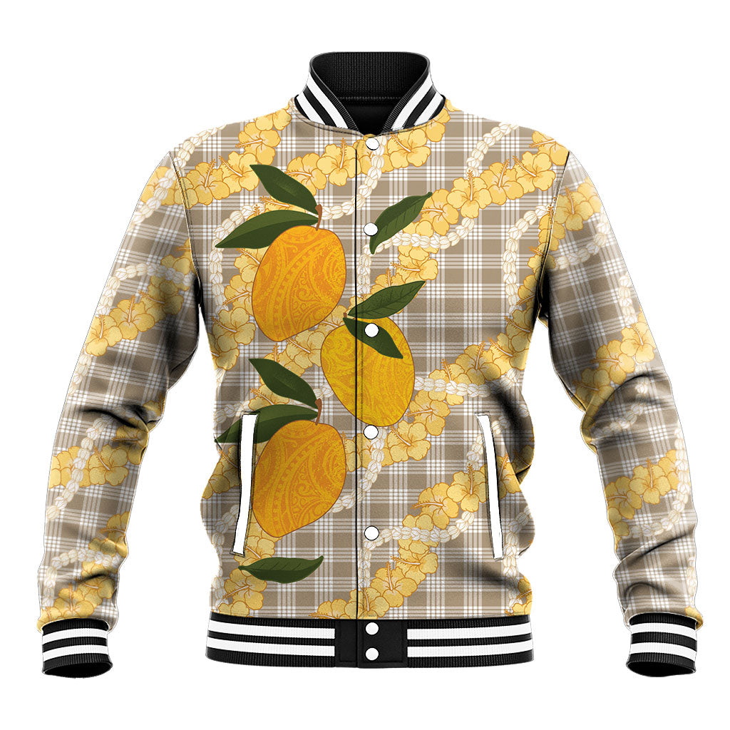 Maku'e Hawaiian Mango Palaka Baseball Jacket Aloha Hibiscus Pikake Lei LT9 Unisex Brown - Polynesian Pride