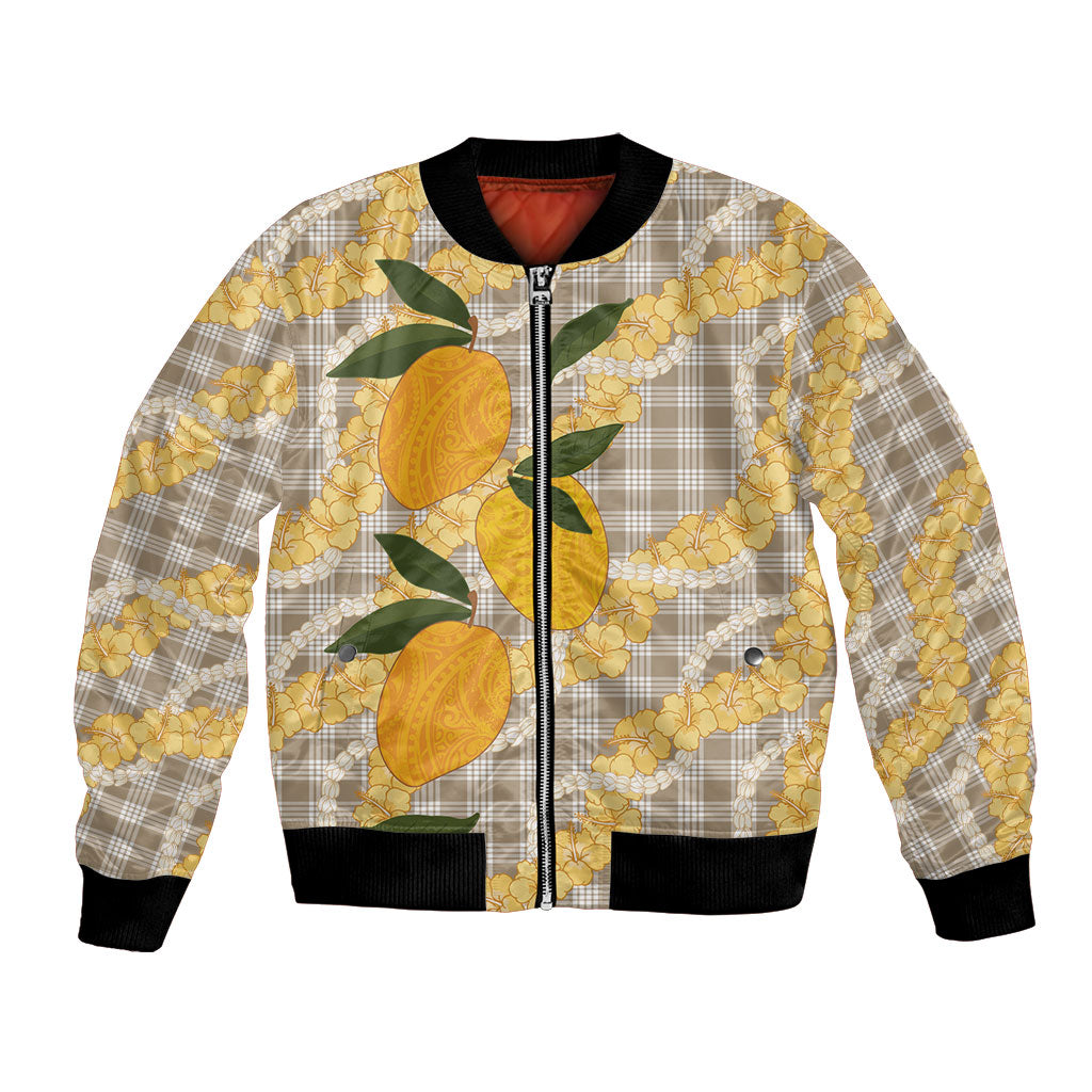 Maku'e Hawaiian Mango Palaka Bomber Jacket Aloha Hibiscus Pikake Lei LT9 Unisex Brown - Polynesian Pride