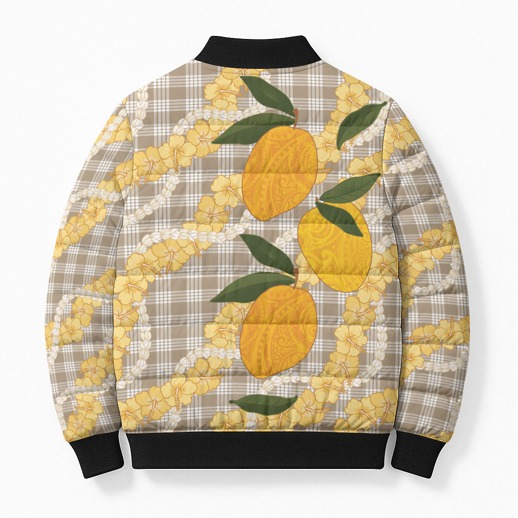 Maku'e Hawaiian Mango Palaka Bomber Puffer Jacket Aloha Hibiscus Pikake Lei LT9 - Polynesian Pride