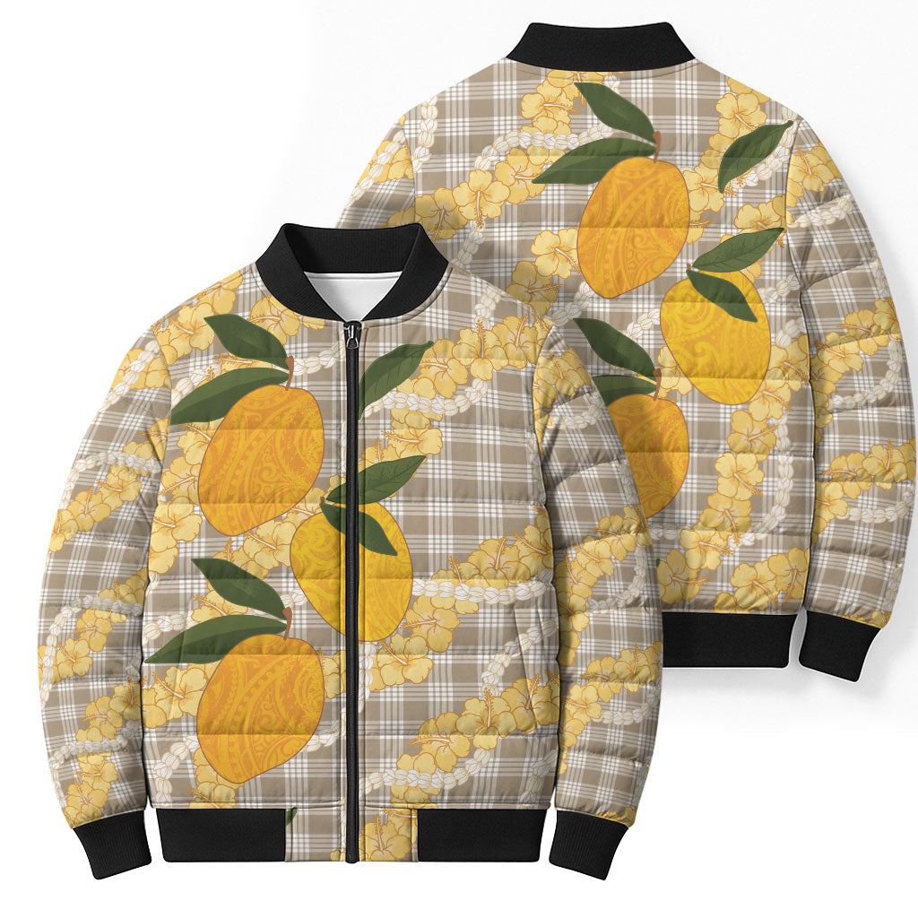 Maku'e Hawaiian Mango Palaka Bomber Puffer Jacket Aloha Hibiscus Pikake Lei LT9 - Polynesian Pride