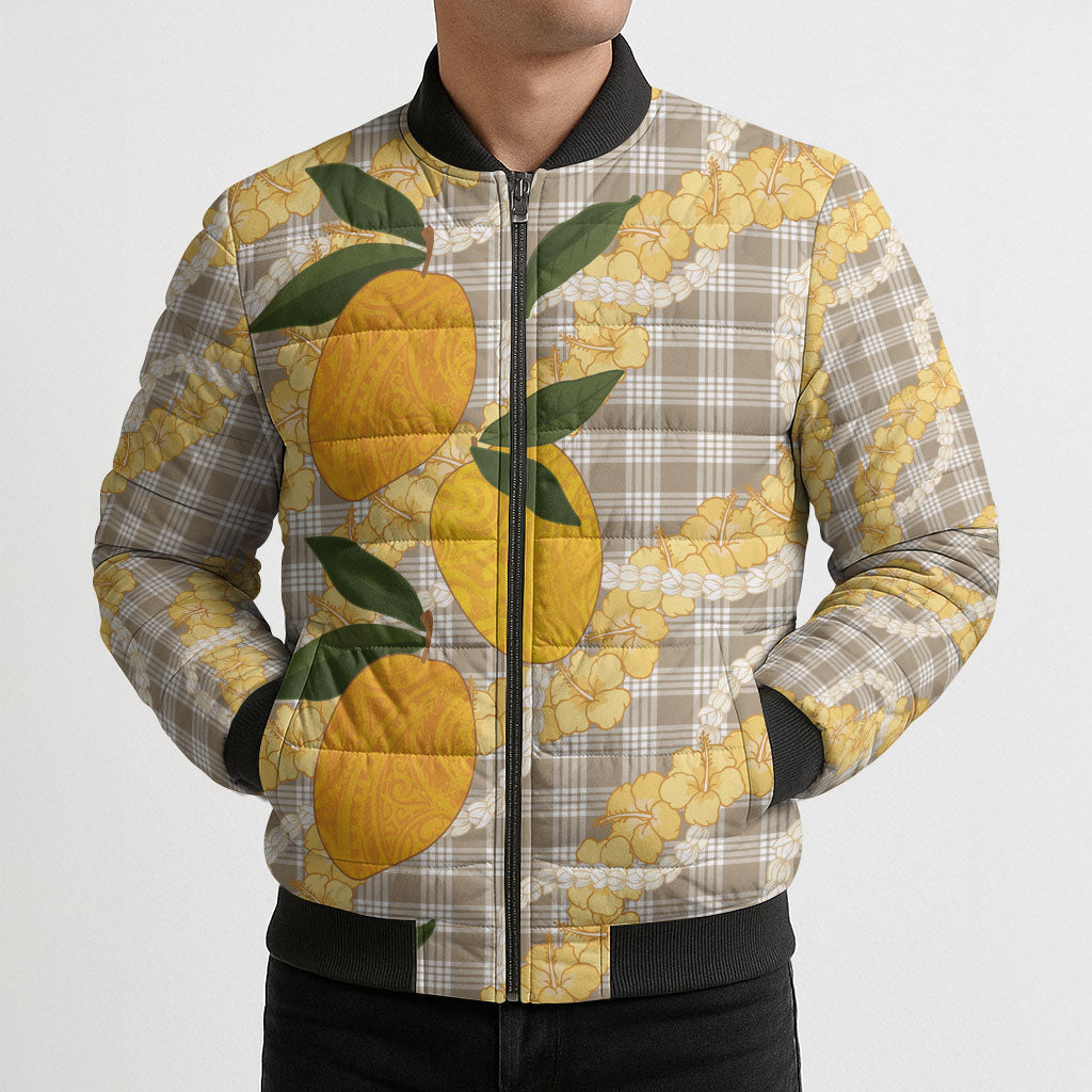 Maku'e Hawaiian Mango Palaka Bomber Puffer Jacket Aloha Hibiscus Pikake Lei LT9 - Polynesian Pride