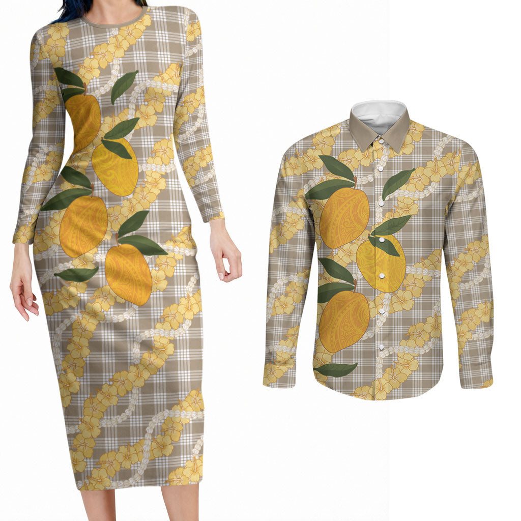 Maku'e Hawaiian Mango Palaka Couples Matching Long Sleeve Bodycon Dress and Long Sleeve Button Shirt Aloha Hibiscus Pikake Lei LT9 Brown - Polynesian Pride