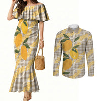 Maku'e Hawaiian Mango Palaka Couples Matching Mermaid Dress and Long Sleeve Button Shirt Aloha Hibiscus Pikake Lei LT9 Brown - Polynesian Pride