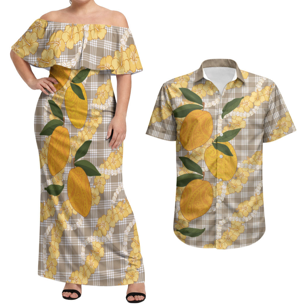Maku'e Hawaiian Mango Palaka Couples Matching Off Shoulder Maxi Dress and Hawaiian Shirt Aloha Hibiscus Pikake Lei LT9 Brown - Polynesian Pride