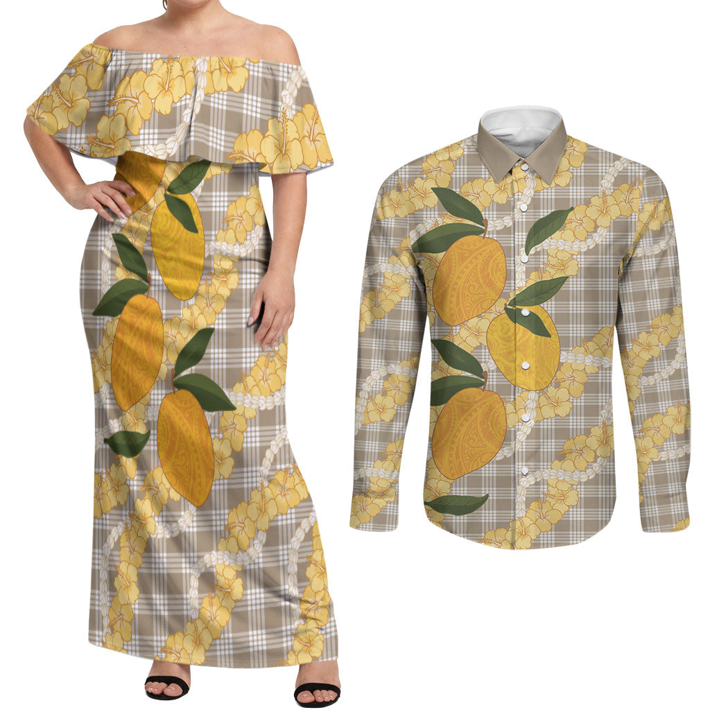 Maku'e Hawaiian Mango Palaka Couples Matching Off Shoulder Maxi Dress and Long Sleeve Button Shirt Aloha Hibiscus Pikake Lei LT9 Brown - Polynesian Pride