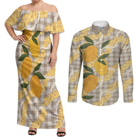 Maku'e Hawaiian Mango Palaka Couples Matching Off Shoulder Maxi Dress and Long Sleeve Button Shirt Aloha Hibiscus Pikake Lei LT9 Brown - Polynesian Pride
