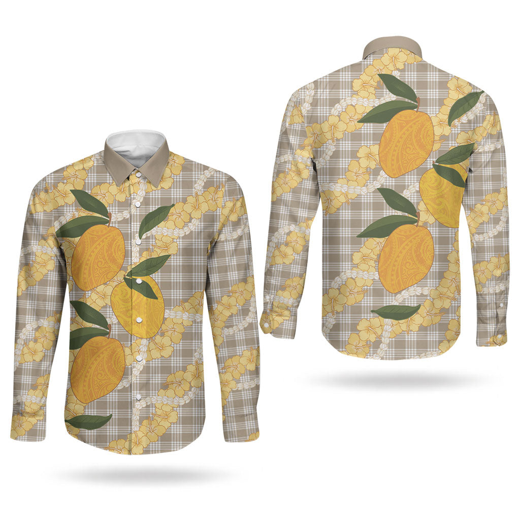 Maku'e Hawaiian Mango Palaka Couples Matching Off Shoulder Maxi Dress and Long Sleeve Button Shirt Aloha Hibiscus Pikake Lei LT9 - Polynesian Pride