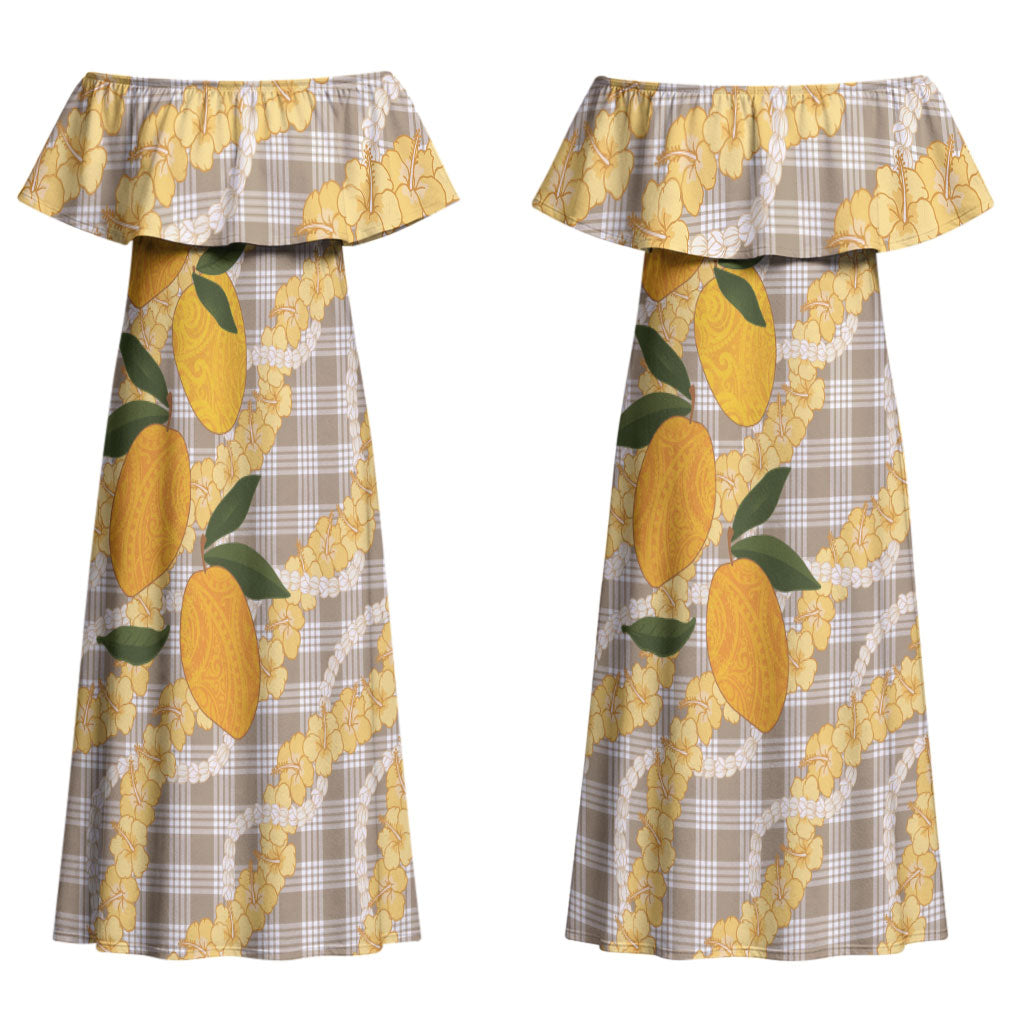 Maku'e Hawaiian Mango Palaka Couples Matching Off Shoulder Maxi Dress and Long Sleeve Button Shirt Aloha Hibiscus Pikake Lei LT9 - Polynesian Pride