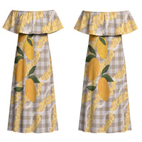 Maku'e Hawaiian Mango Palaka Couples Matching Off Shoulder Maxi Dress and Long Sleeve Button Shirt Aloha Hibiscus Pikake Lei LT9 - Polynesian Pride