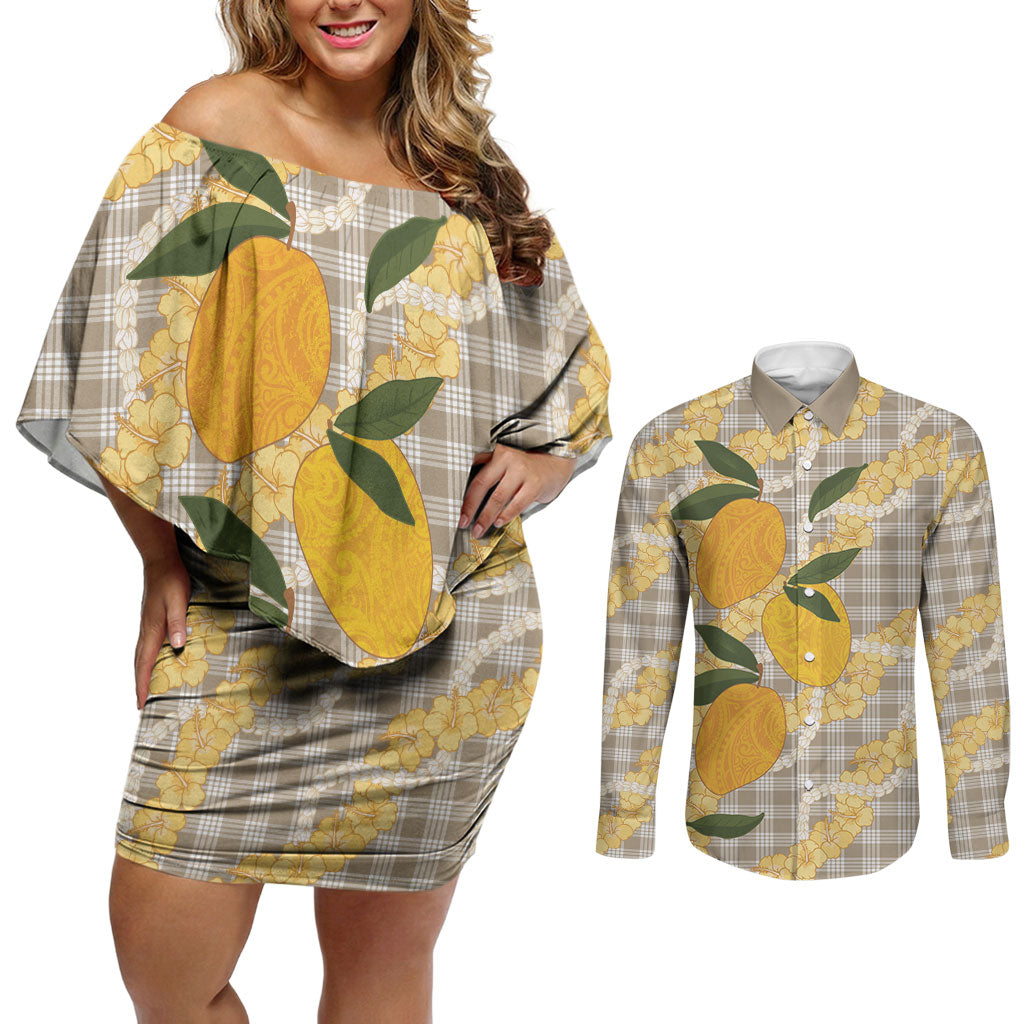 Maku'e Hawaiian Mango Palaka Couples Matching Off Shoulder Short Dress and Long Sleeve Button Shirt Aloha Hibiscus Pikake Lei LT9 Brown - Polynesian Pride