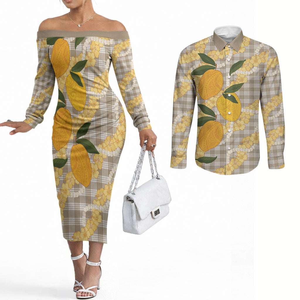 Maku'e Hawaiian Mango Palaka Couples Matching Off The Shoulder Long Sleeve Dress and Long Sleeve Button Shirt Aloha Hibiscus Pikake Lei LT9 Brown - Polynesian Pride