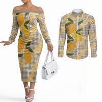 Maku'e Hawaiian Mango Palaka Couples Matching Off The Shoulder Long Sleeve Dress and Long Sleeve Button Shirt Aloha Hibiscus Pikake Lei LT9 Brown - Polynesian Pride