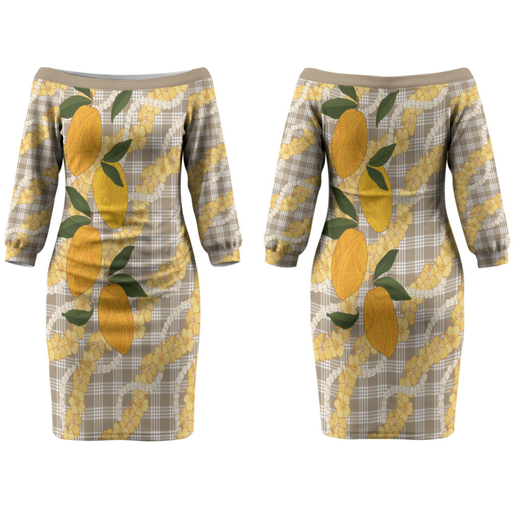 Maku'e Hawaiian Mango Palaka Couples Matching Off The Shoulder Long Sleeve Dress and Long Sleeve Button Shirt Aloha Hibiscus Pikake Lei LT9 - Polynesian Pride