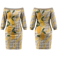 Maku'e Hawaiian Mango Palaka Couples Matching Off The Shoulder Long Sleeve Dress and Long Sleeve Button Shirt Aloha Hibiscus Pikake Lei LT9 - Polynesian Pride