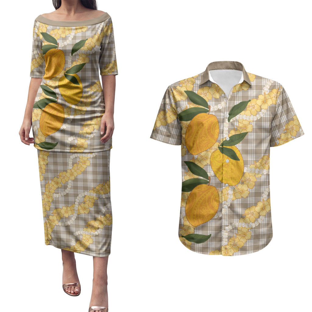 Maku'e Hawaiian Mango Palaka Couples Matching Puletasi and Hawaiian Shirt Aloha Hibiscus Pikake Lei LT9 Brown - Polynesian Pride