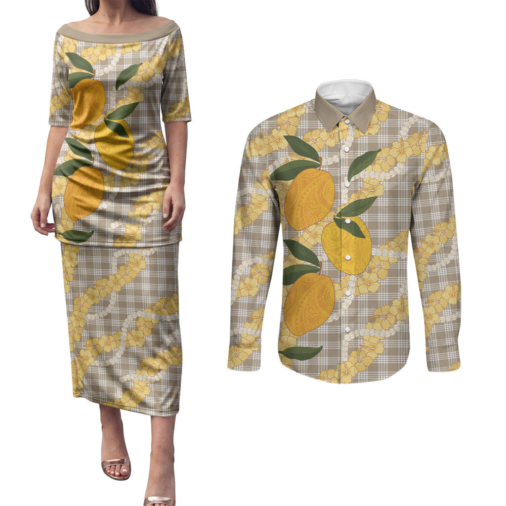 Maku'e Hawaiian Mango Palaka Couples Matching Puletasi and Long Sleeve Button Shirt Aloha Hibiscus Pikake Lei LT9 Brown - Polynesian Pride