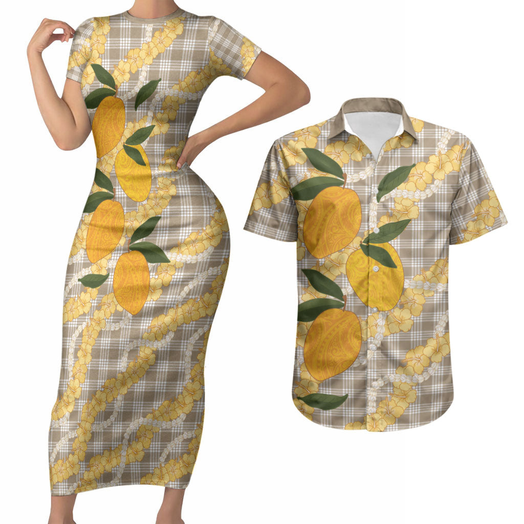 Maku'e Hawaiian Mango Palaka Couples Matching Short Sleeve Bodycon Dress and Hawaiian Shirt Aloha Hibiscus Pikake Lei LT9 Brown - Polynesian Pride