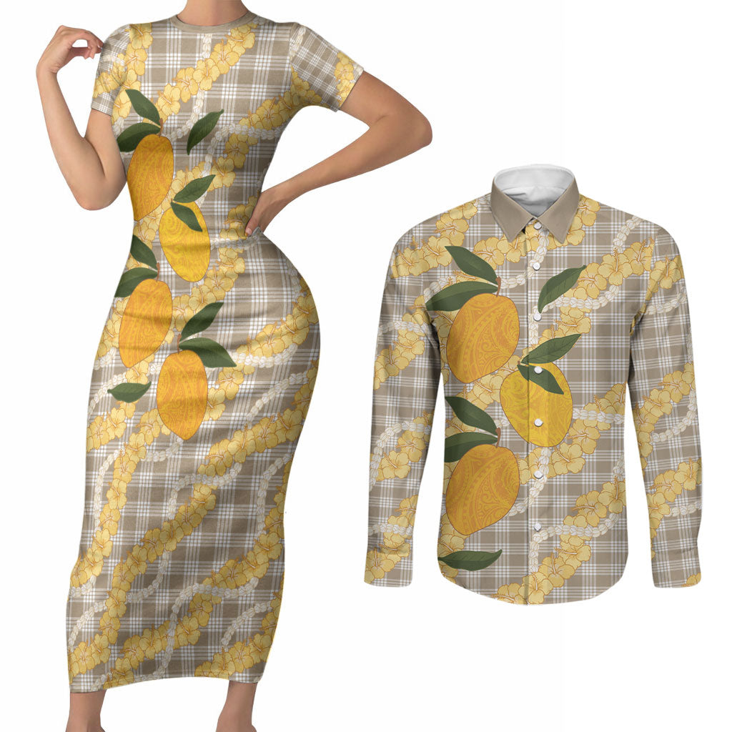 Maku'e Hawaiian Mango Palaka Couples Matching Short Sleeve Bodycon Dress and Long Sleeve Button Shirt Aloha Hibiscus Pikake Lei LT9 Brown - Polynesian Pride