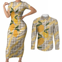 Maku'e Hawaiian Mango Palaka Couples Matching Short Sleeve Bodycon Dress and Long Sleeve Button Shirt Aloha Hibiscus Pikake Lei LT9 Brown - Polynesian Pride