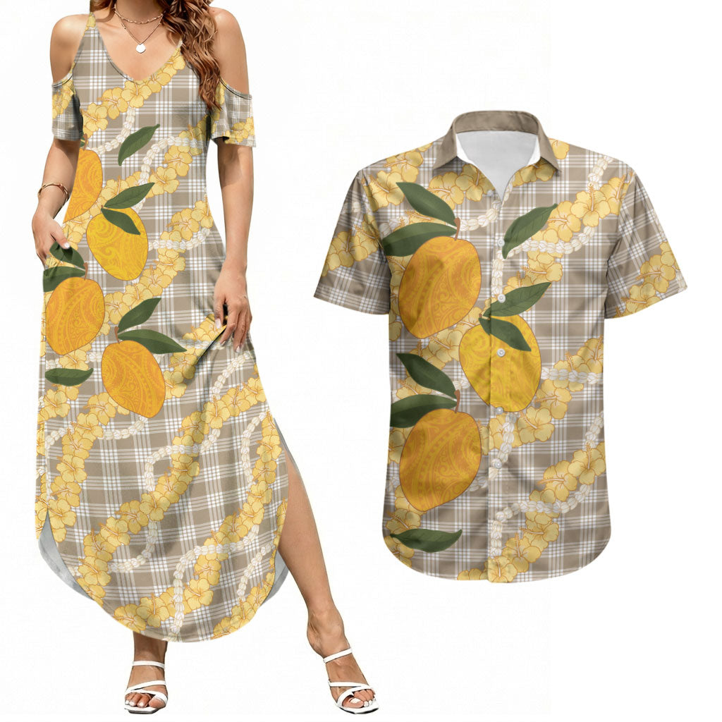 Maku'e Hawaiian Mango Palaka Couples Matching Summer Maxi Dress and Hawaiian Shirt Aloha Hibiscus Pikake Lei LT9 Brown - Polynesian Pride