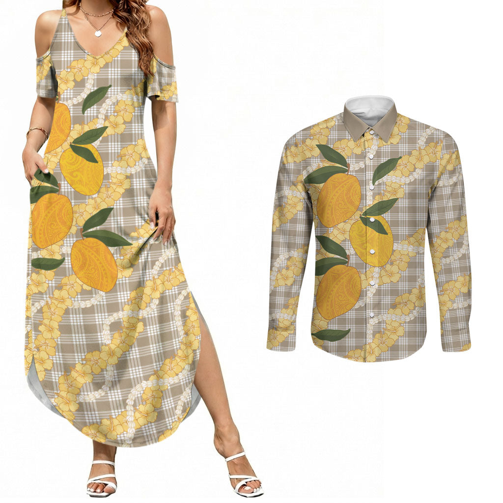 Maku'e Hawaiian Mango Palaka Couples Matching Summer Maxi Dress and Long Sleeve Button Shirt Aloha Hibiscus Pikake Lei LT9 Brown - Polynesian Pride