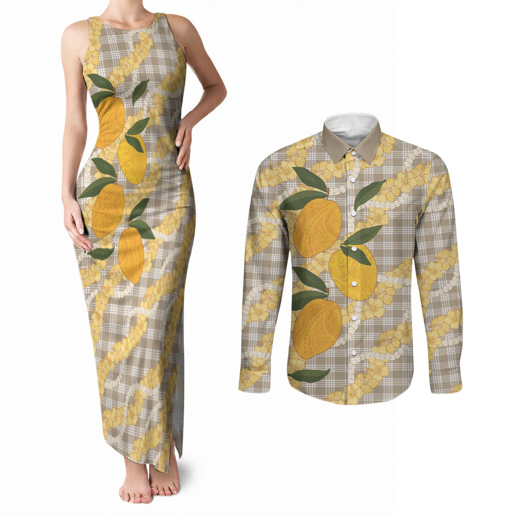 Maku'e Hawaiian Mango Palaka Couples Matching Tank Maxi Dress and Long Sleeve Button Shirt Aloha Hibiscus Pikake Lei LT9 Brown - Polynesian Pride