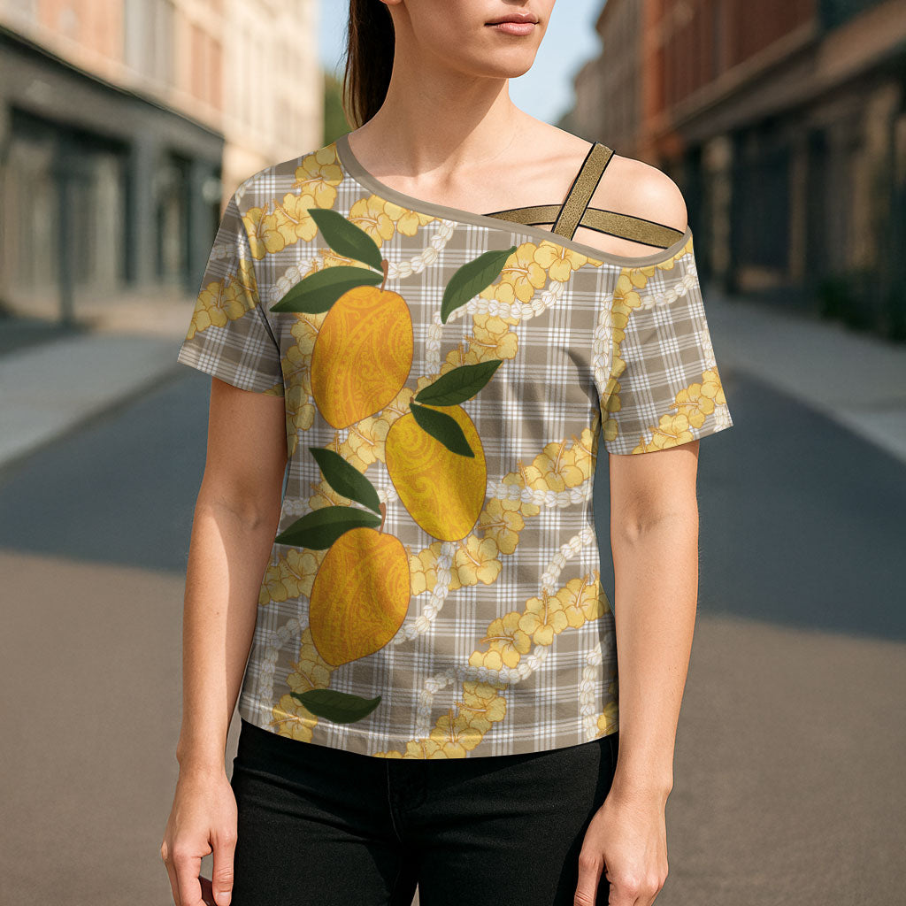 Maku'e Hawaiian Mango Palaka Cross Shoulder Shirt Aloha Hibiscus Pikake Lei LT9 - Polynesian Pride